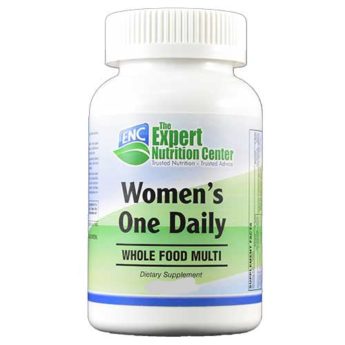A bottle of Whole Food Organic Multi-Women’s 60 tabs dietary supplement, labeled 'Women's One Daily Whole Food Multi', with 60 tablets.